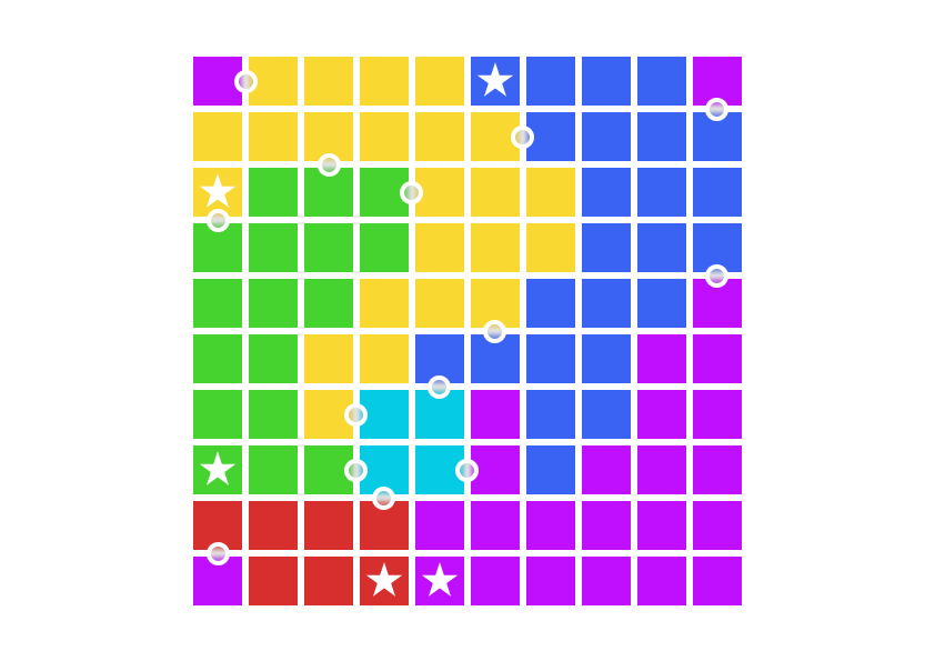 地图概览。不同颜色的区块代表不同的洞穴，星号代表洞穴终点，圆圈代表不同洞穴之间的通道。